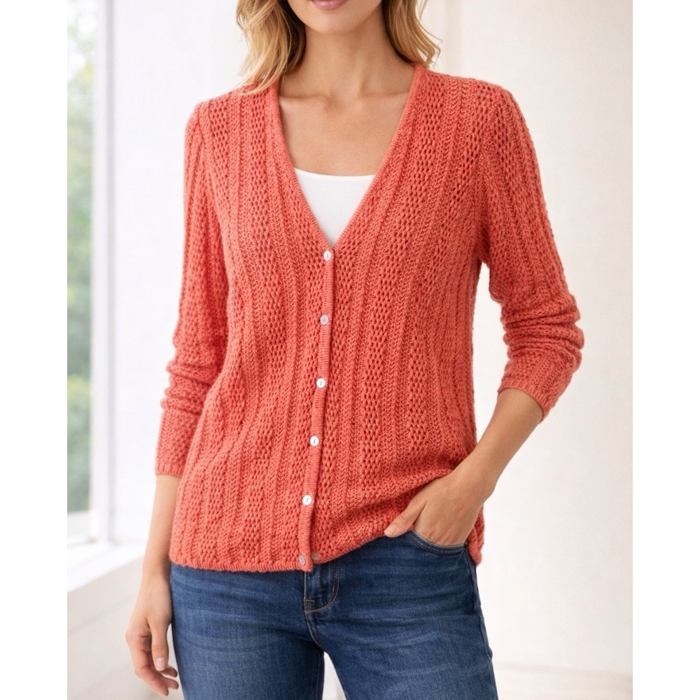 Sundance Coral Crochet Mixed Open Knit Cardigan M Cotton Quiet Luxury Preppy - Picture 2 of 10